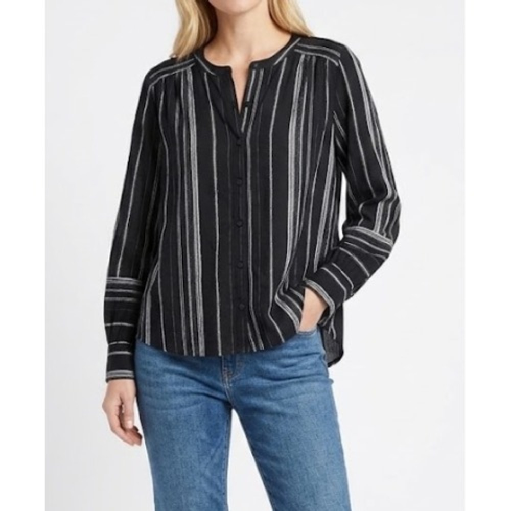 New DR2 Button Down Blouse XL Black White Striped Long Sleeve Soft Rayon Top